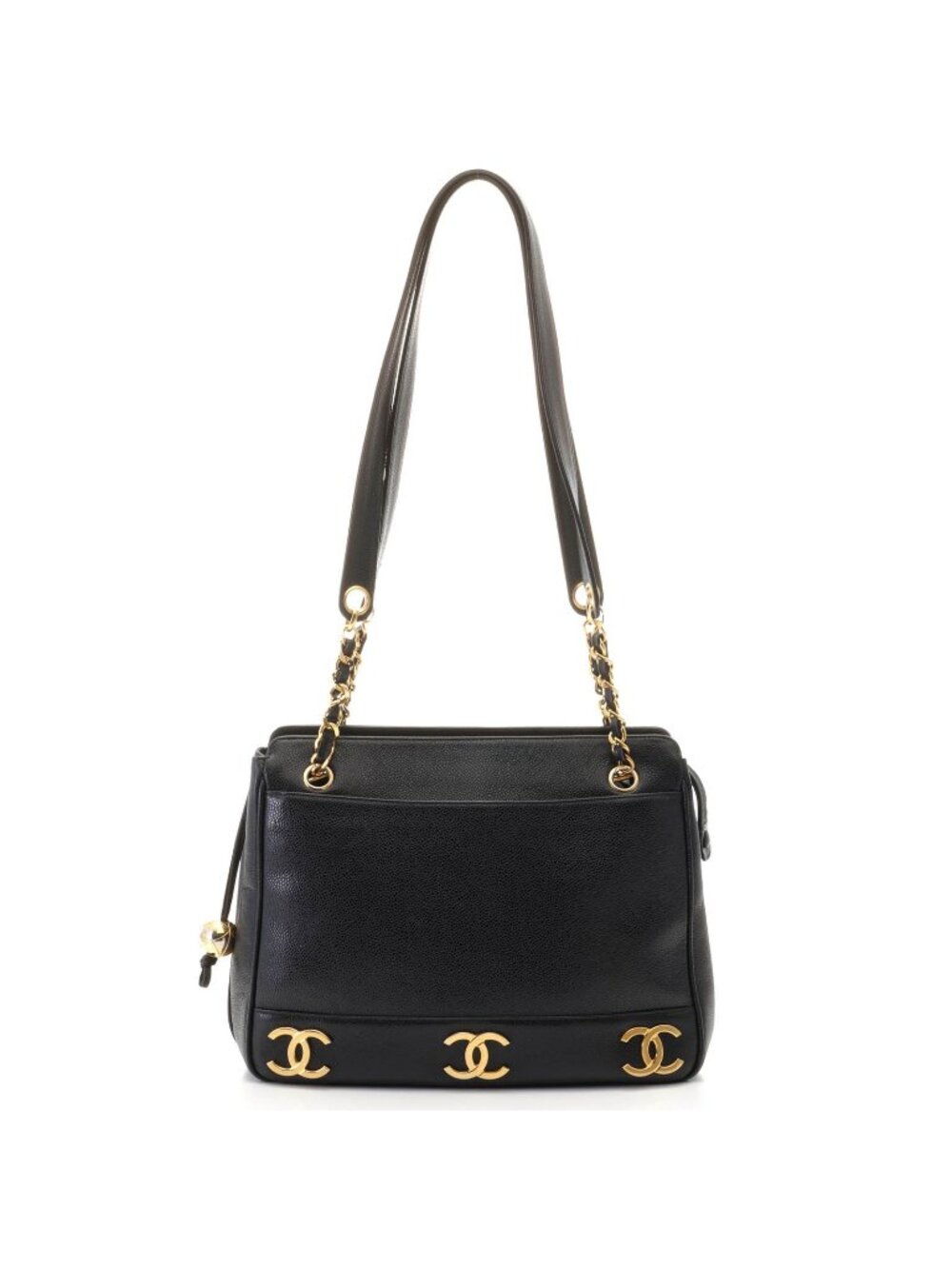 Chanel Shoulder Bag Triple Coco Ball Tote Black Gold Caviar Leather